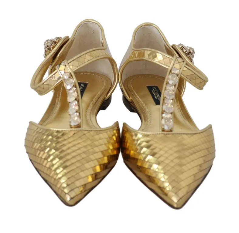 Gold Leather Crystal Ballerina T-strap Shoes