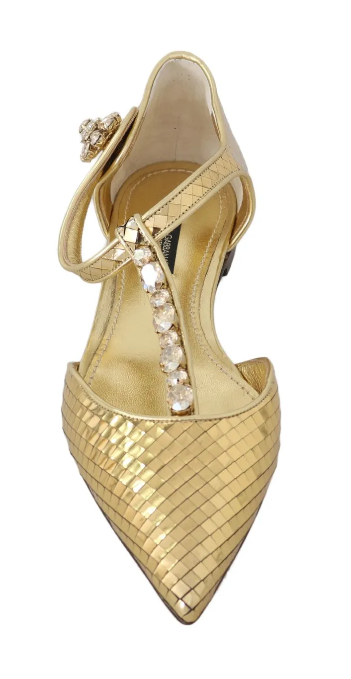 Gold Leather Crystal Ballerina T-strap Shoes