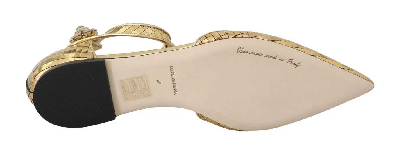 Gold Leather Crystal Ballerina T-strap Shoes