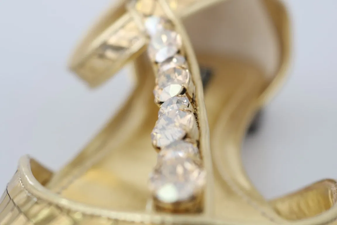Gold Leather Crystal Ballerina T-strap Shoes