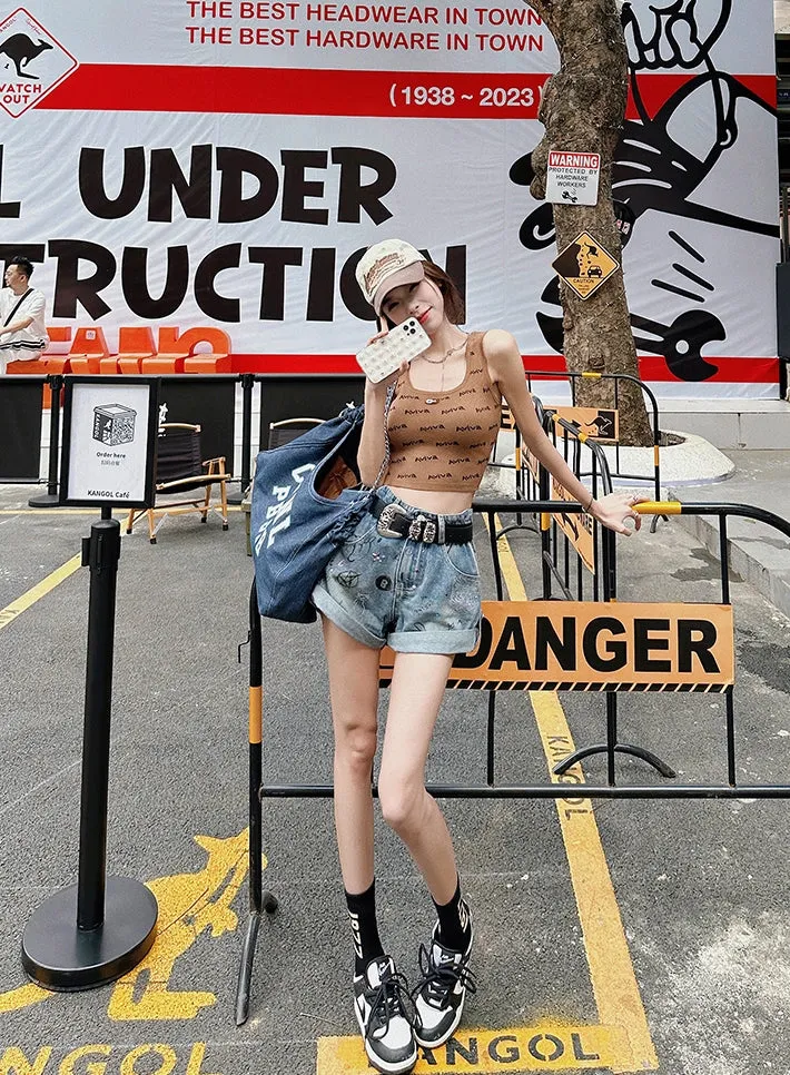 Graffiti Cuffed Denim Shorts (Belt Not Included)
