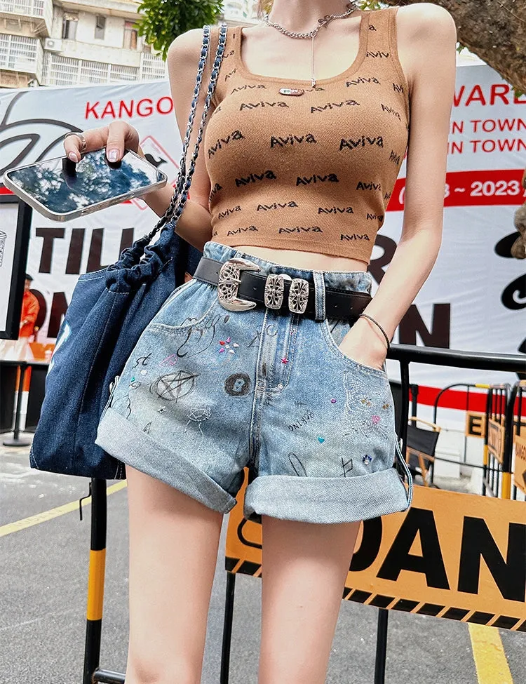 Graffiti Cuffed Denim Shorts (Belt Not Included)