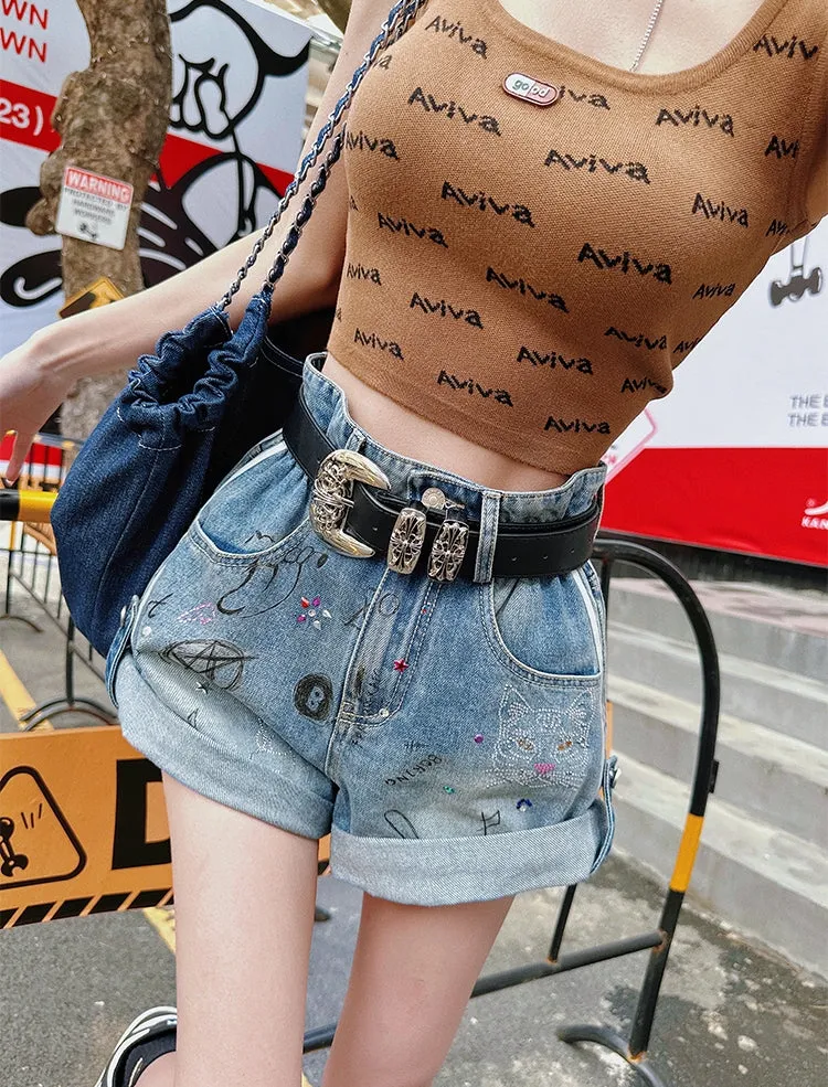 Graffiti Cuffed Denim Shorts (Belt Not Included)