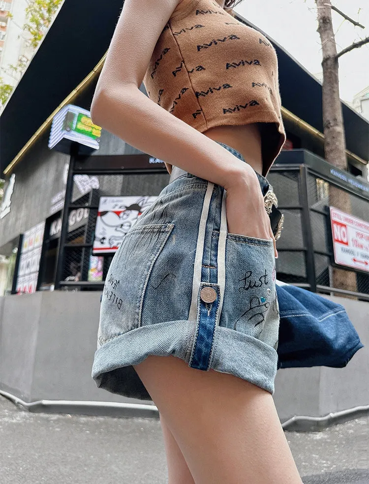 Graffiti Cuffed Denim Shorts (Belt Not Included)