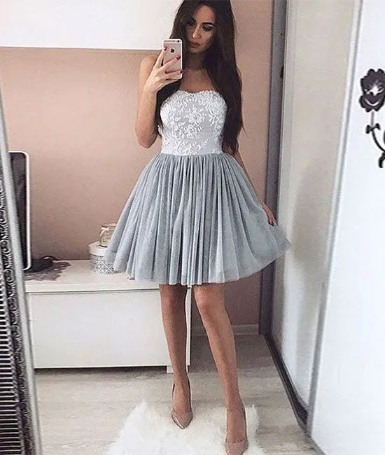 Gray tulle lace short prom dress, gray homecoming dress
