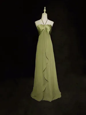 Green Halter Chiffon Simple A-line Party Dress, Green Floor Length Prom Dress