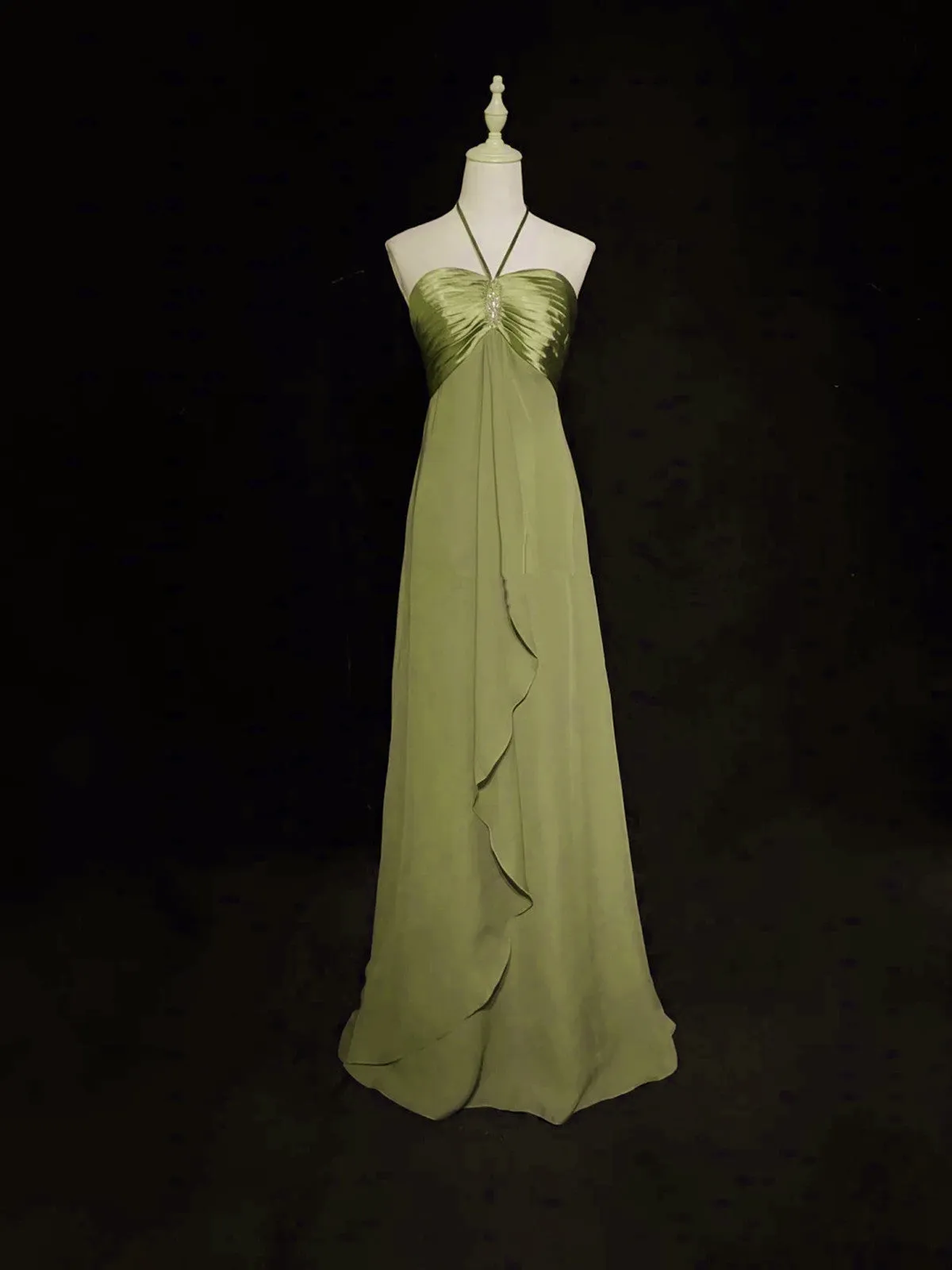 Green Halter Chiffon Simple A-line Party Dress, Green Floor Length Prom Dress