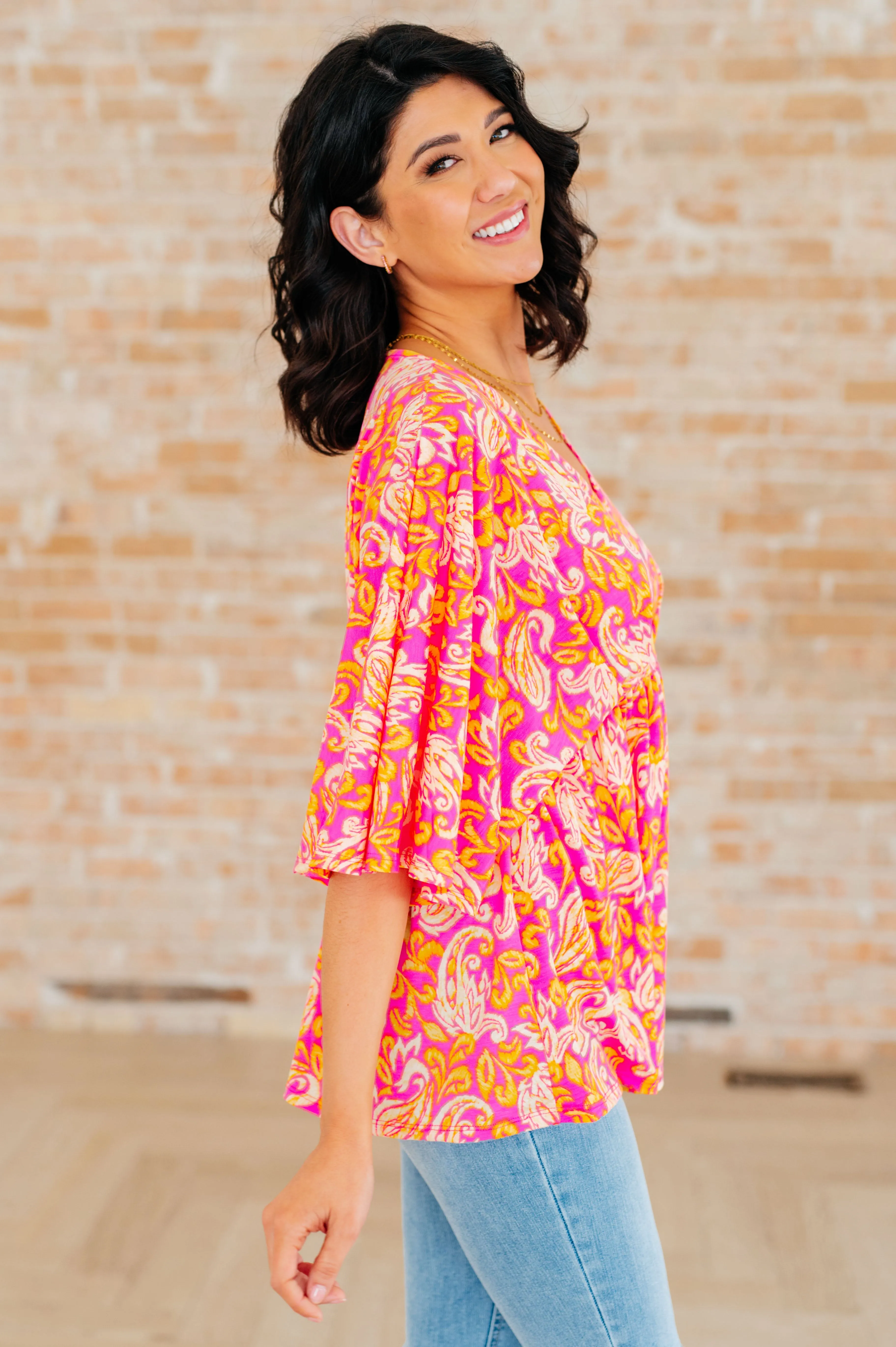 Hazel Blues® |  Dreamer Peplum Top in Pink Filigree