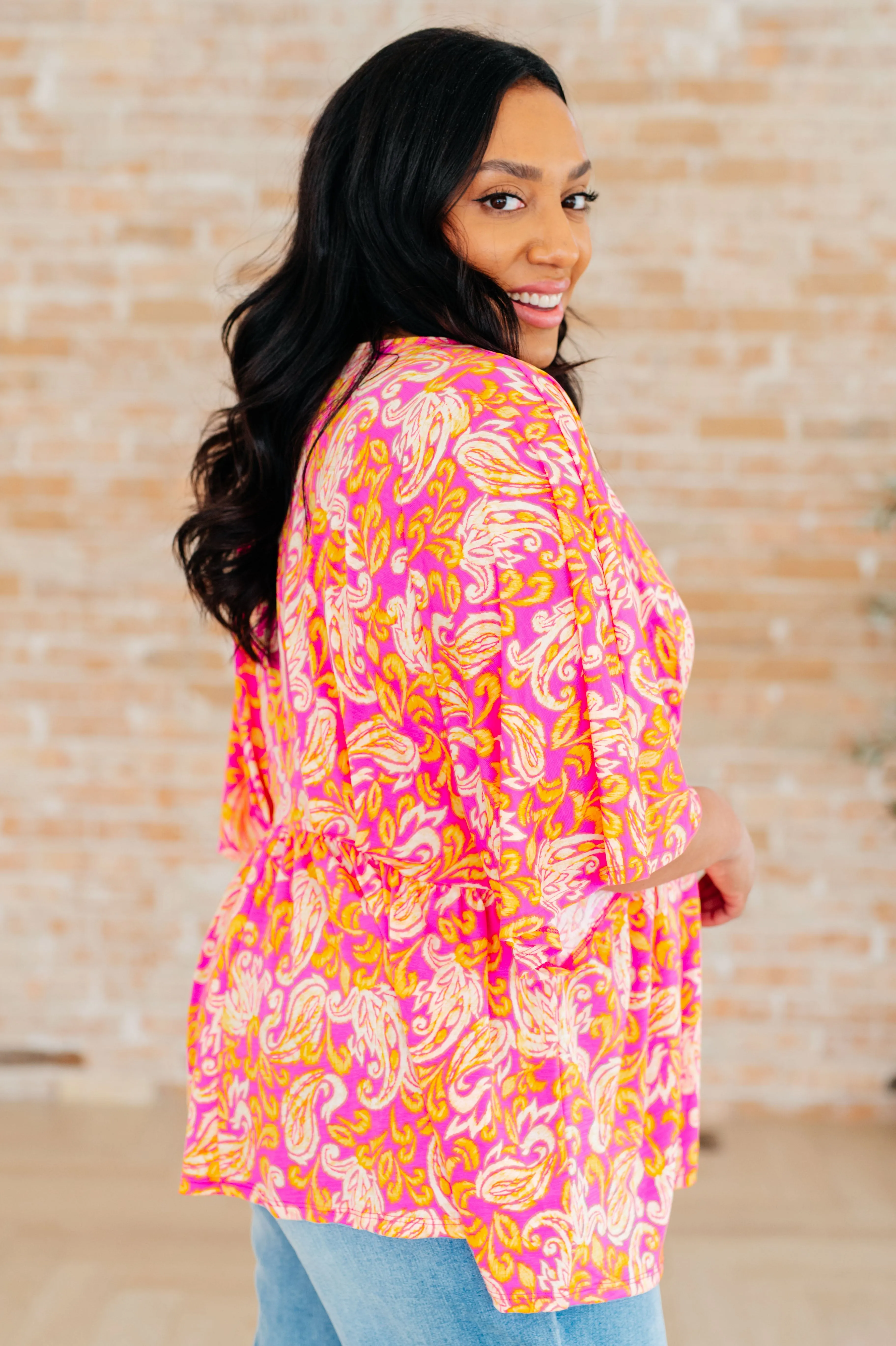 Hazel Blues® |  Dreamer Peplum Top in Pink Filigree