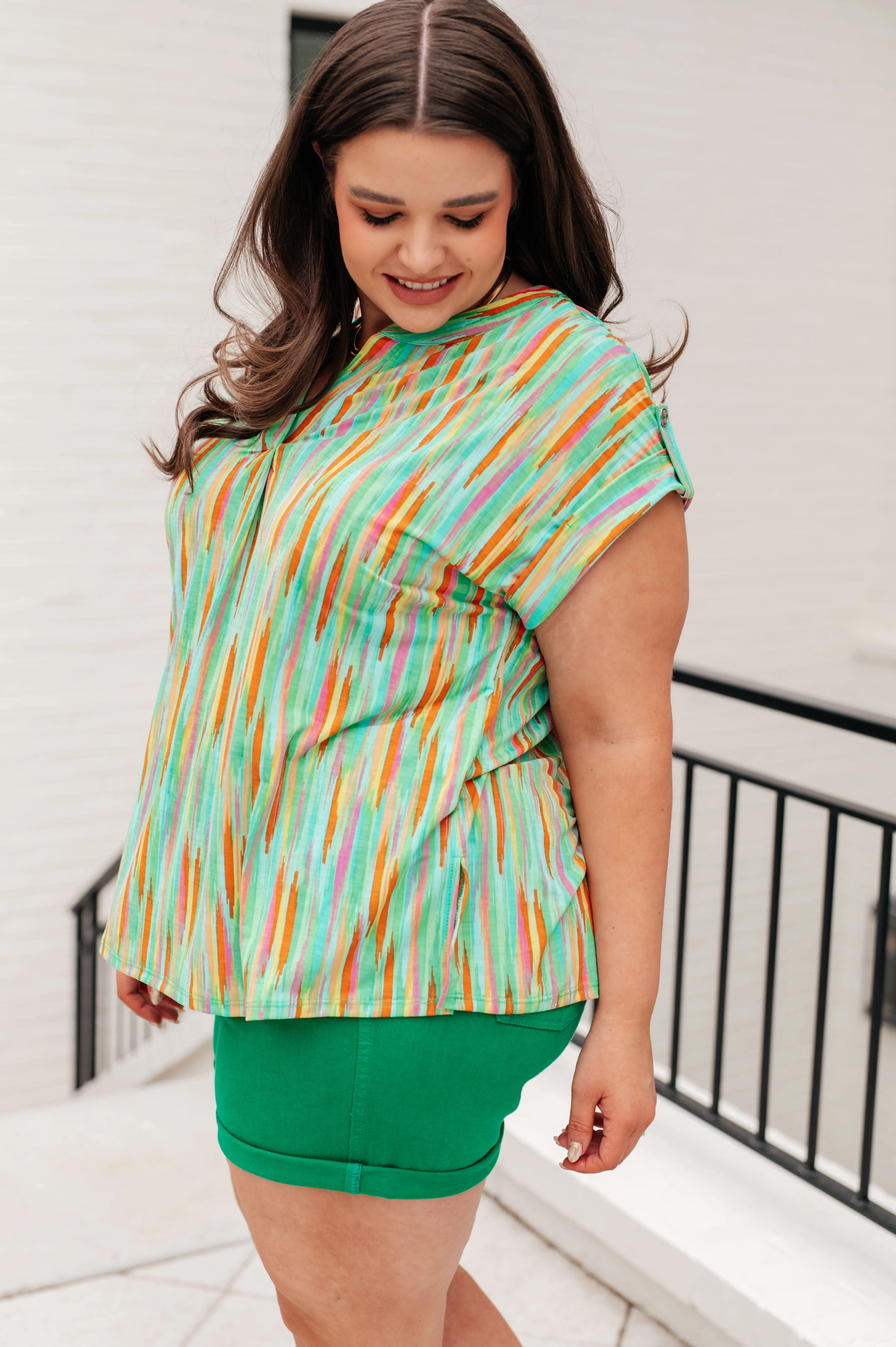 Hazel Blues® |  Lizzy Cap Sleeve Top in Lime and Emerald Multi Stripe