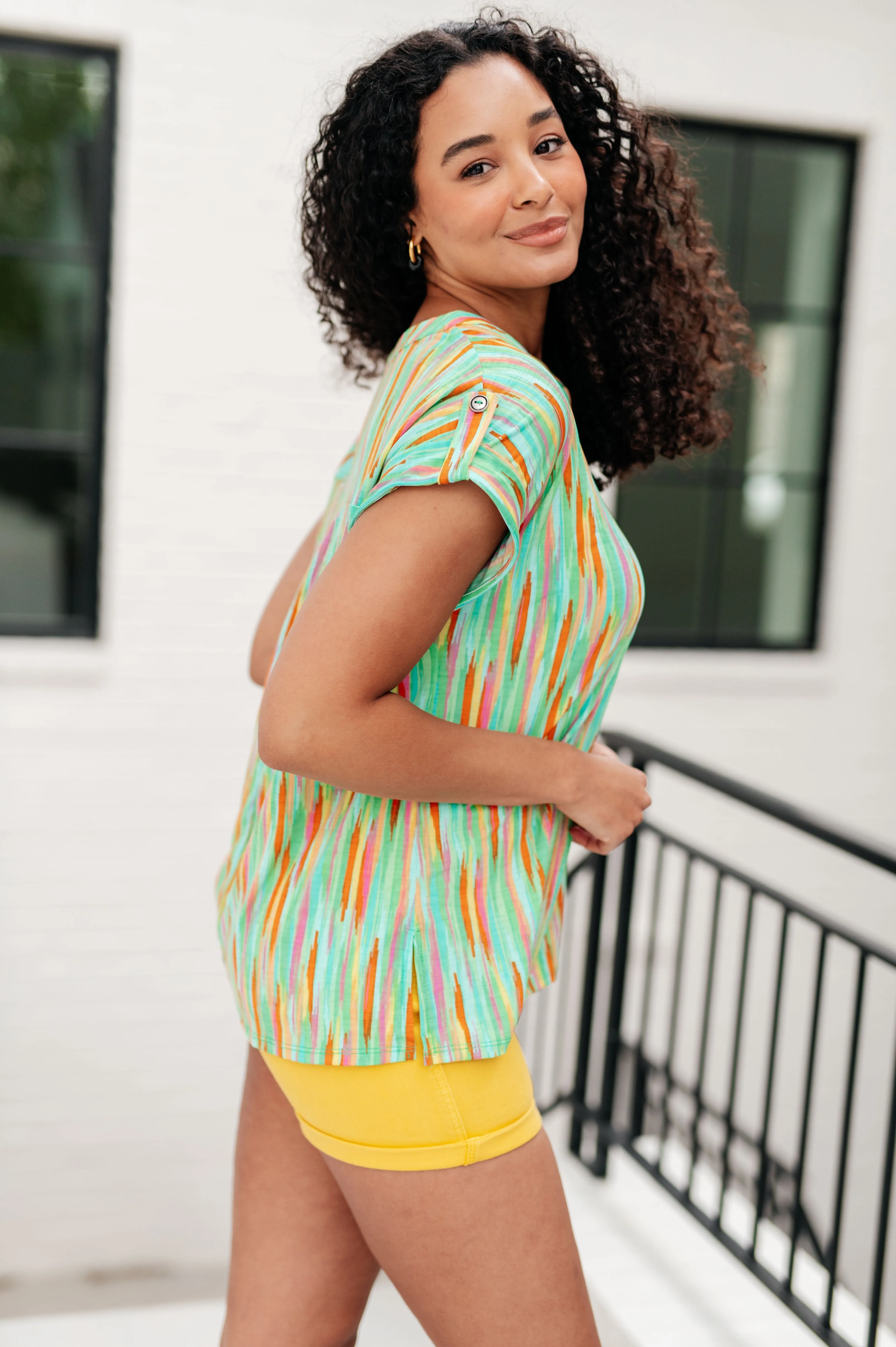 Hazel Blues® |  Lizzy Cap Sleeve Top in Lime and Emerald Multi Stripe