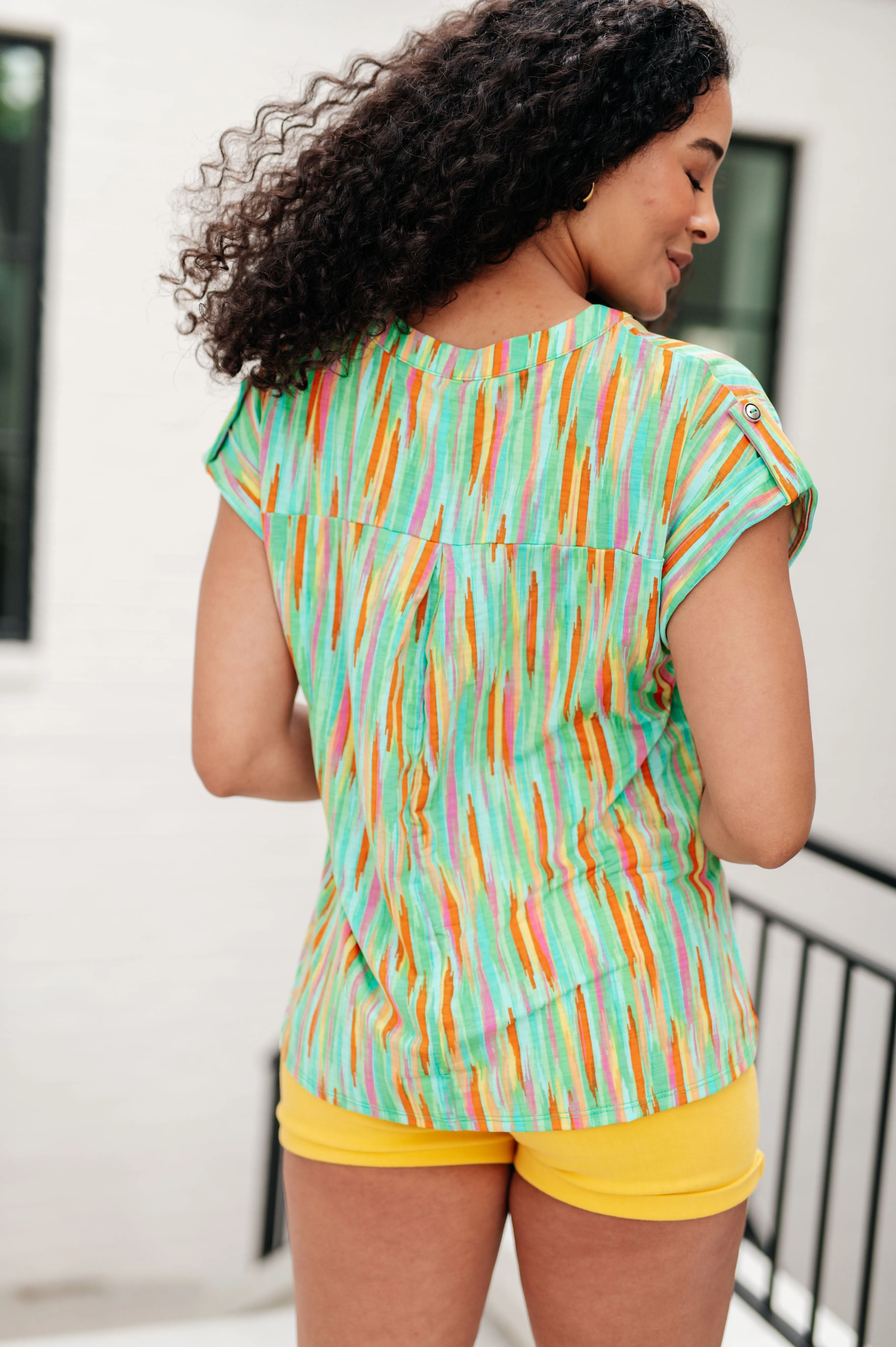 Hazel Blues® |  Lizzy Cap Sleeve Top in Lime and Emerald Multi Stripe