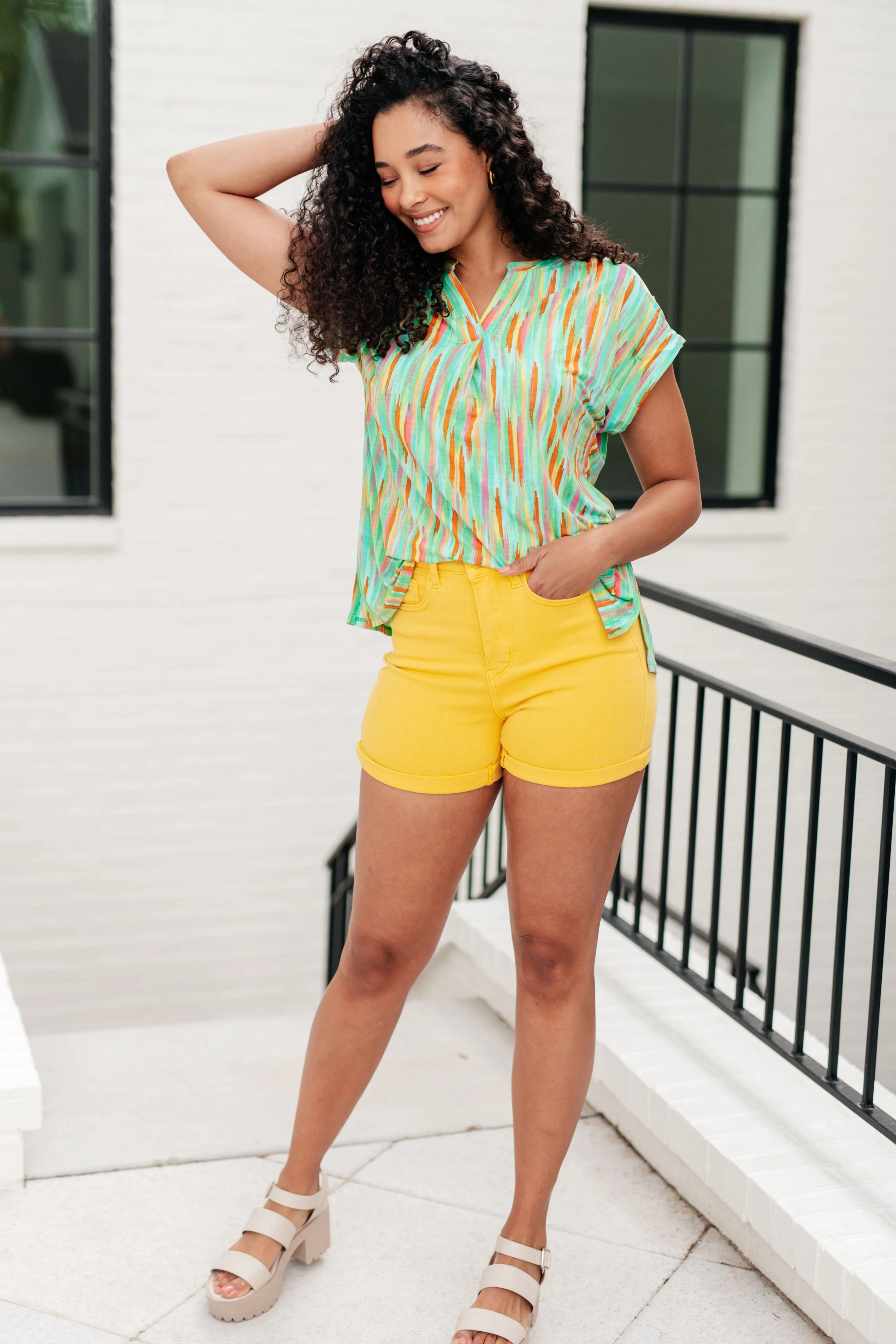 Hazel Blues® |  Lizzy Cap Sleeve Top in Lime and Emerald Multi Stripe