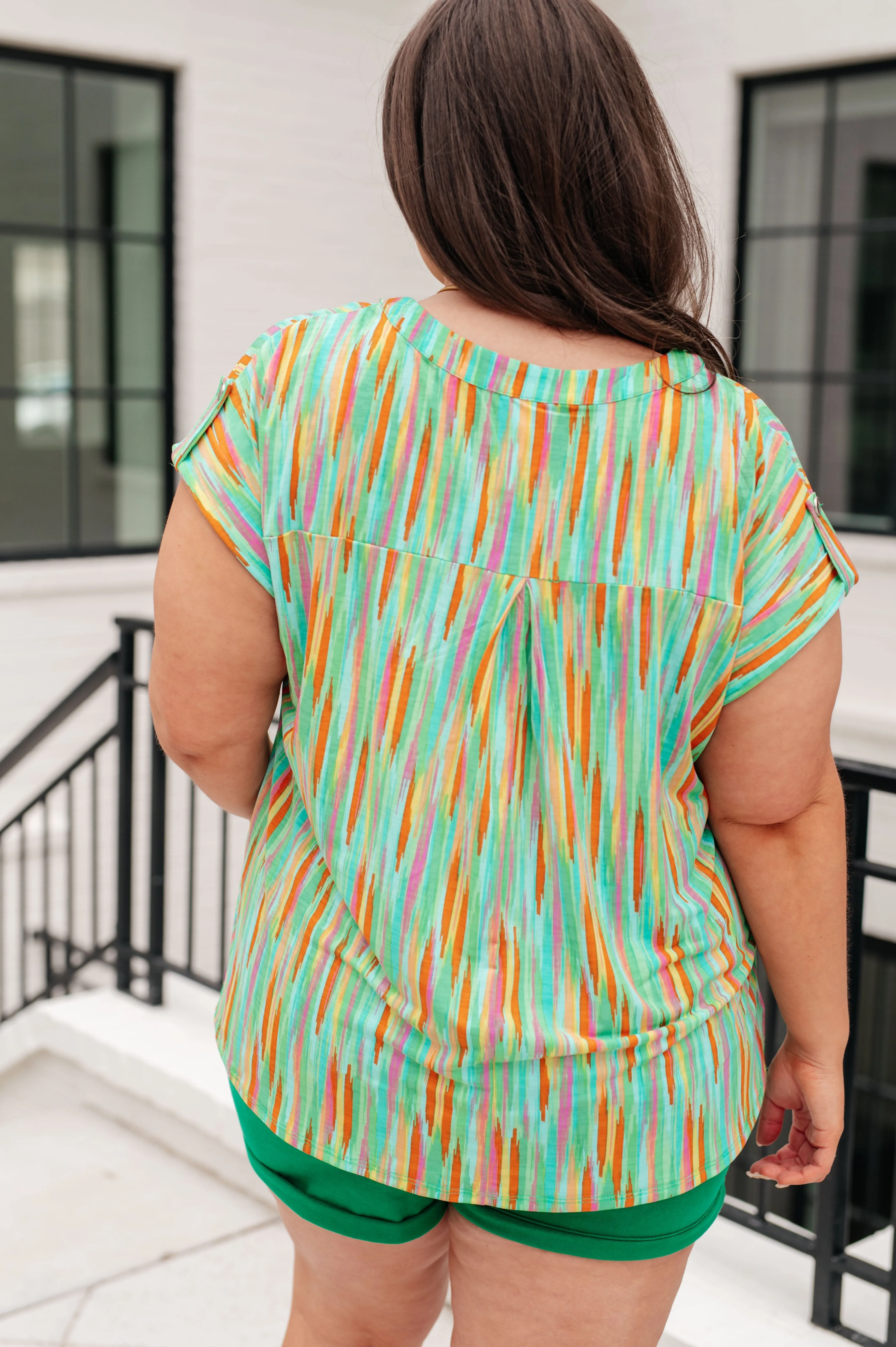 Hazel Blues® |  Lizzy Cap Sleeve Top in Lime and Emerald Multi Stripe