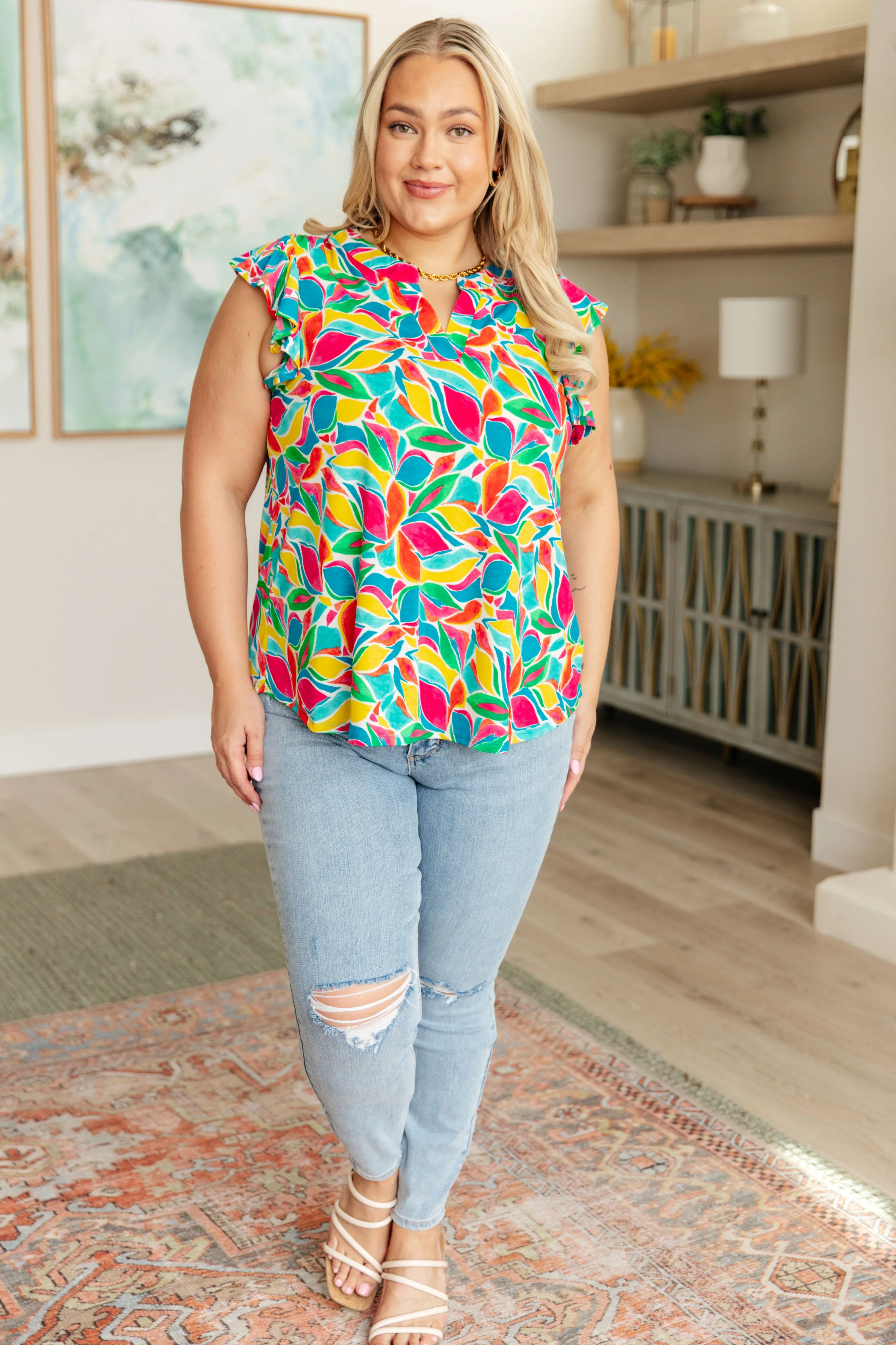 Hazel Blues® |  Lizzy Flutter Sleeve Top in Teal and Red Mod Floral