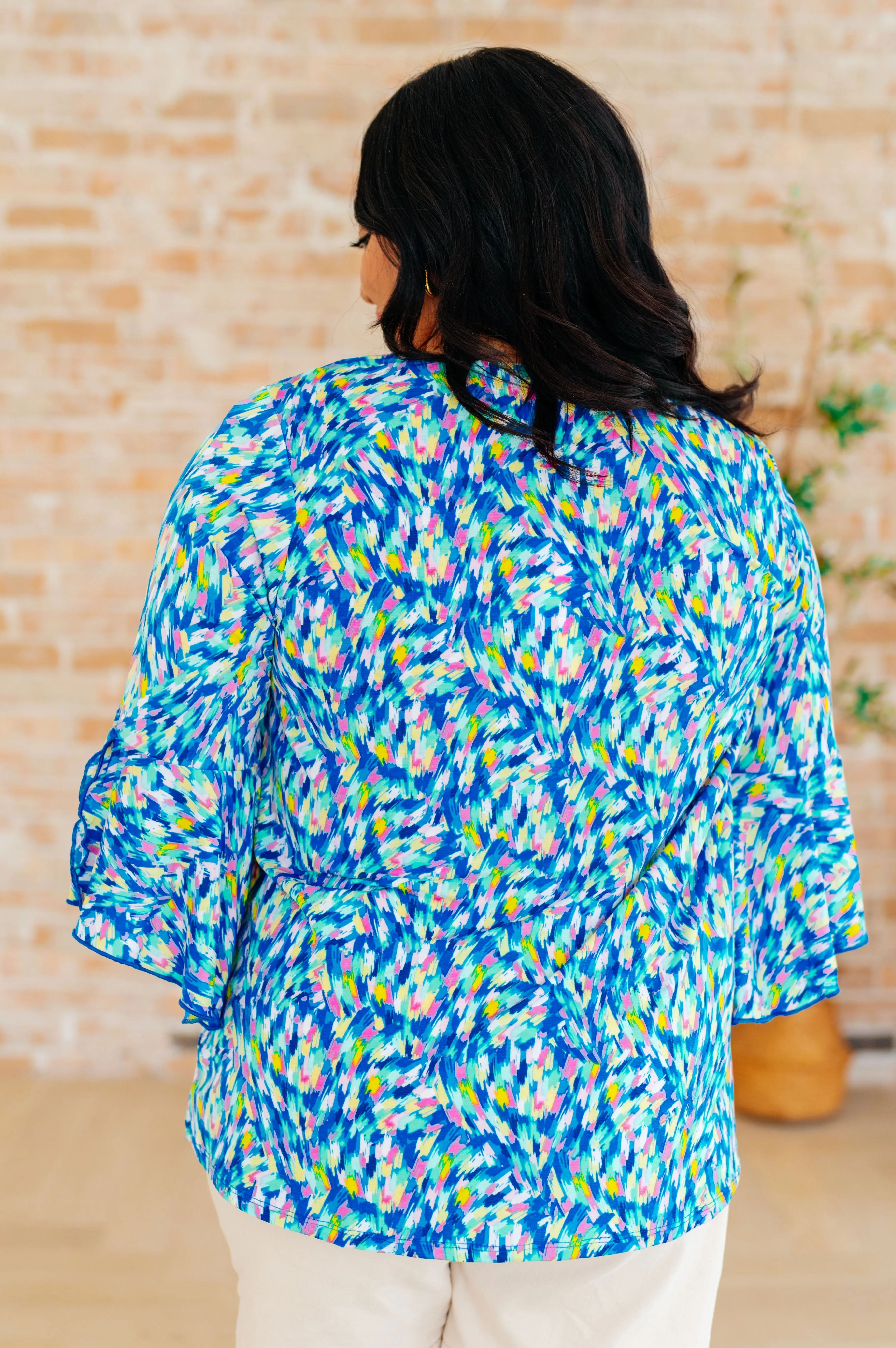 Hazel Blues® |  Willow Bell Sleeve Top in Royal Brushed Multi