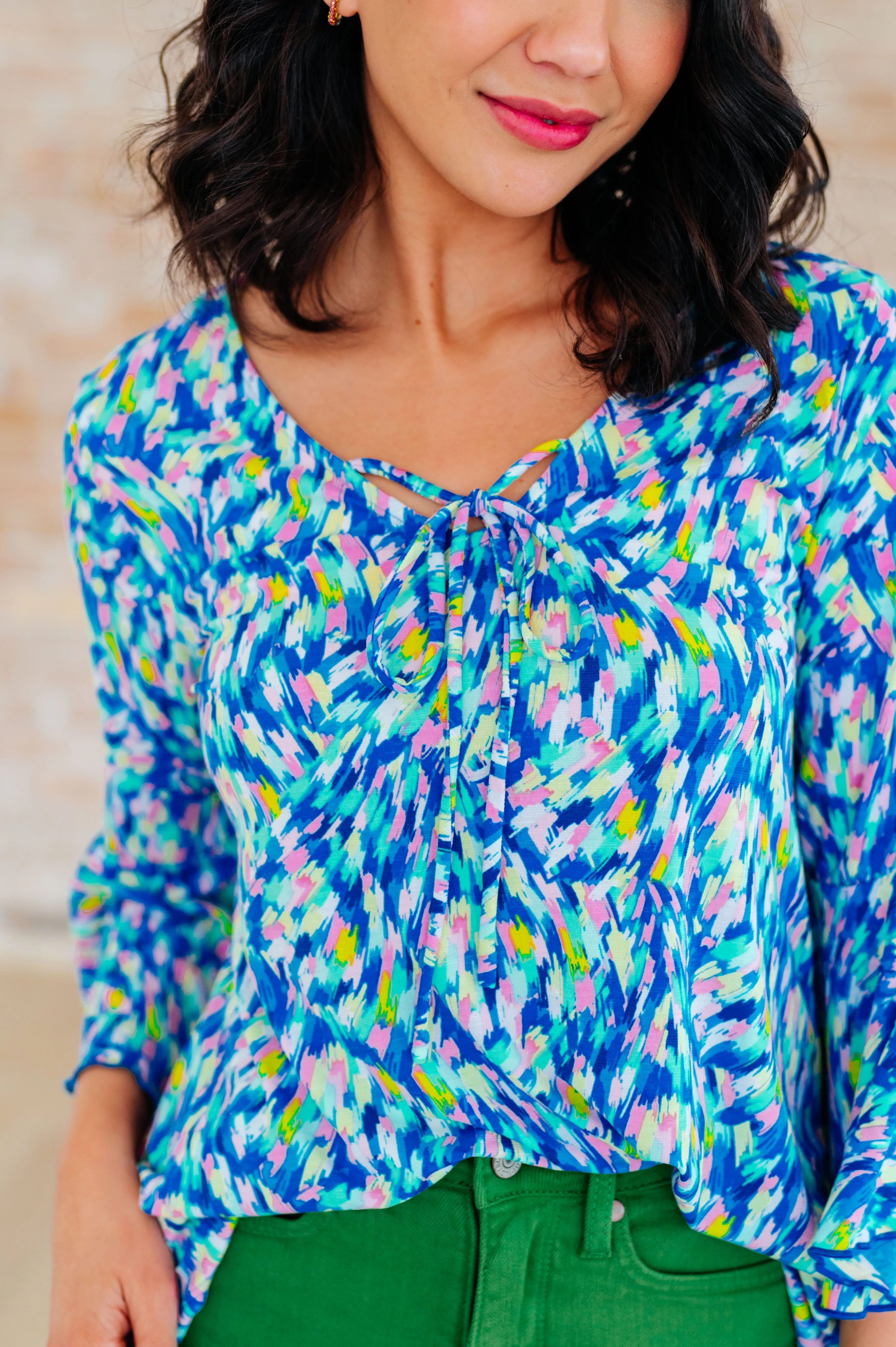 Hazel Blues® |  Willow Bell Sleeve Top in Royal Brushed Multi