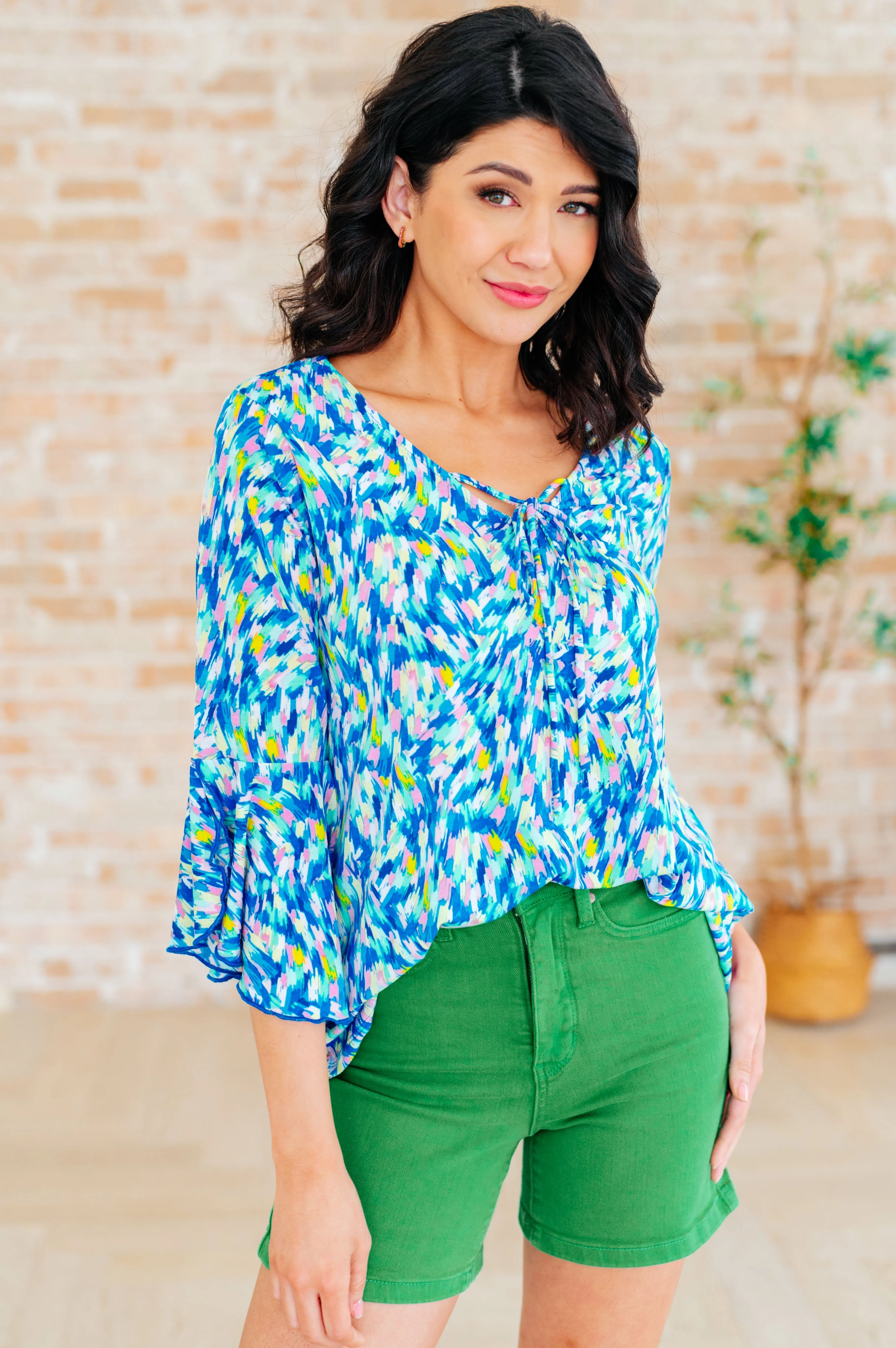 Hazel Blues® |  Willow Bell Sleeve Top in Royal Brushed Multi