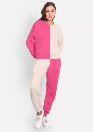 Hot Pink and Off White Colour Blocking Track Suit Set