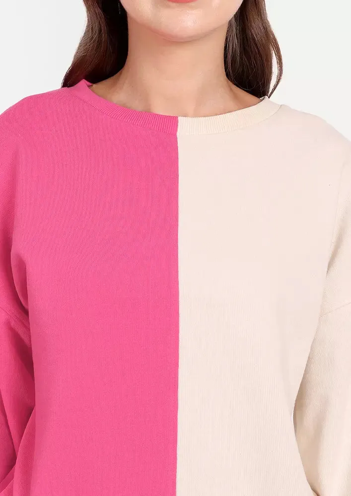 Hot Pink and Off White Colour Blocking Track Suit Set