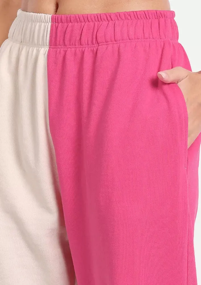 Hot Pink and Off White Colour Blocking Track Suit Set