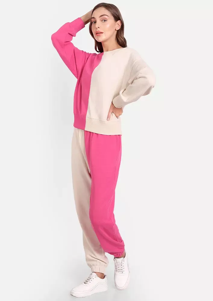 Hot Pink and Off White Colour Blocking Track Suit Set