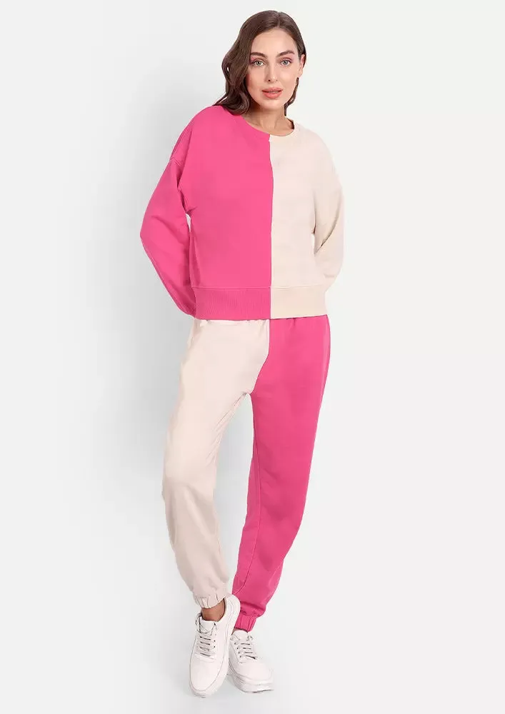 Hot Pink and Off White Colour Blocking Track Suit Set