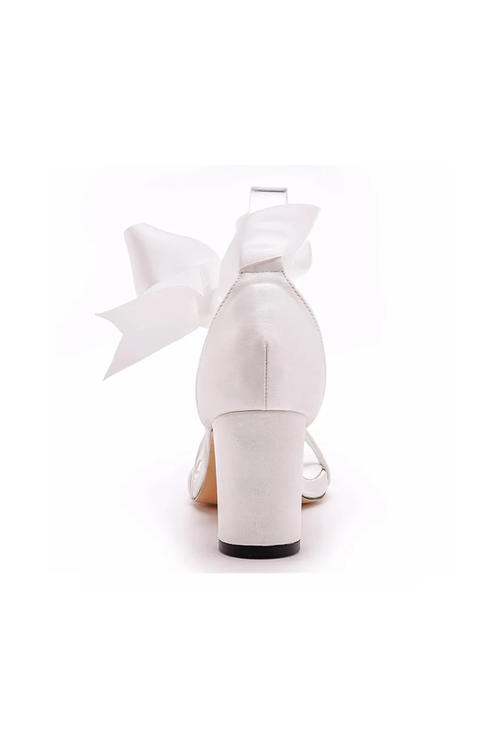 Ivory Satin Tied Open Toe Ankle Strap Chunky Heel Sandals