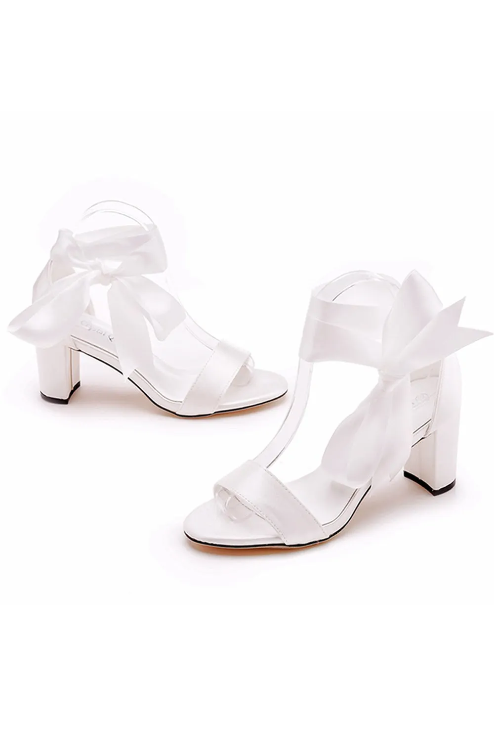 Ivory Satin Tied Open Toe Ankle Strap Chunky Heel Sandals