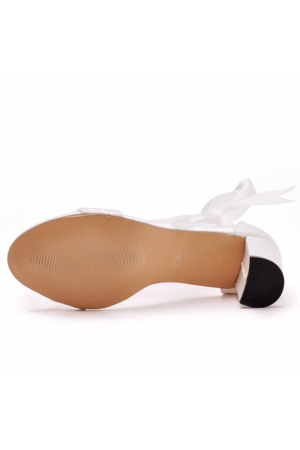 Ivory Satin Tied Open Toe Ankle Strap Chunky Heel Sandals