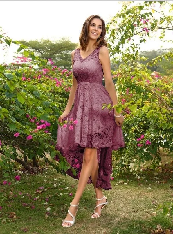 Lace V-neck High Low Bridesmaid Dresses Without Sleeve