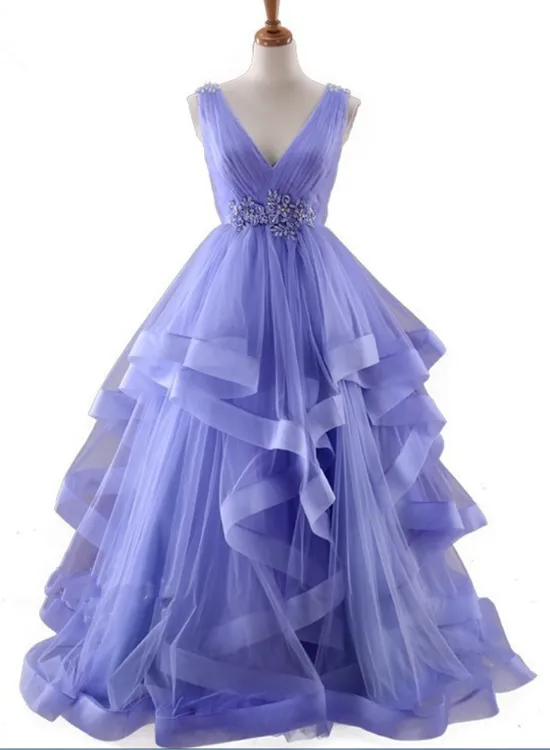 Lavender Tulle V-neckline Layers Long Sweet 16 Dress, Light Purple Prom Dress Party Dress