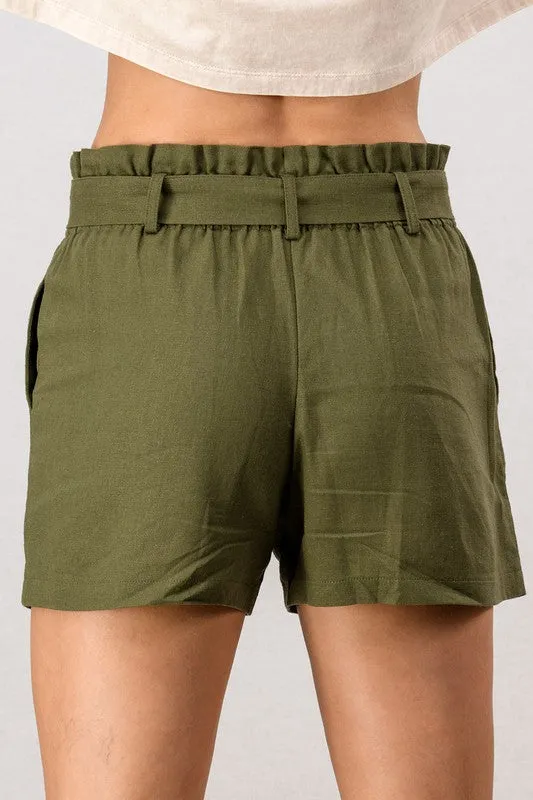 Linen Paperbag Shorts - Olive