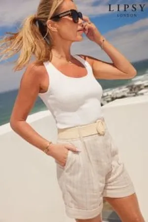 lipsy london Cream Linen Belted Shorts UK 8