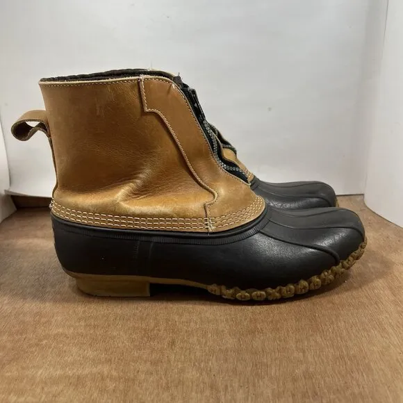 LL Bean Duck Boots Men's Size 11 Fur Lined Brown Leather 8 Inch Boots Zip Up
