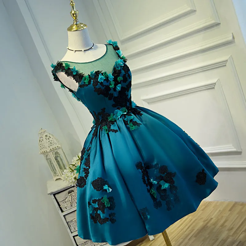 Lovely Satin Knee Length Ball Gown Party Dress with Flower Lace, Short Prom Dress