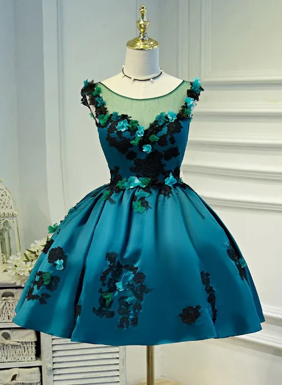 Lovely Satin Knee Length Ball Gown Party Dress with Flower Lace, Short Prom Dress