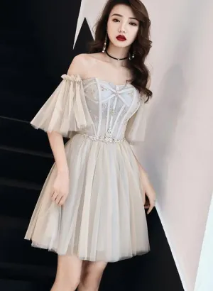 Lovely Short Off Shoulder Grey Party Dress, Homecoming Dress