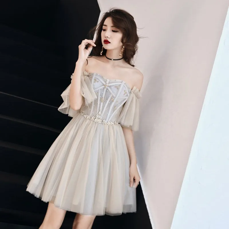 Lovely Short Off Shoulder Grey Party Dress, Homecoming Dress
