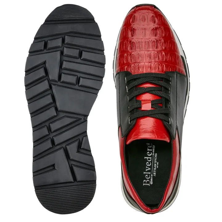 Men's Belvedere Titan Calf & Crocodile Sneaker in Black & Red