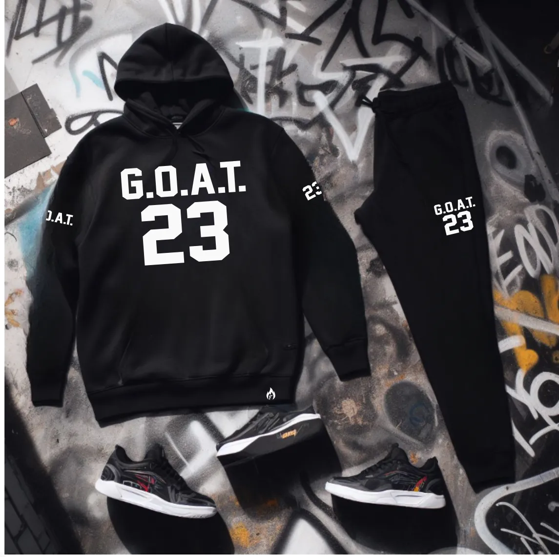 Men's G.O.A.T. 23 Black Sweatsuit Matching Air Jordan Retro 13 Playoffs Sneaker Graphics Hoodie and Joggers