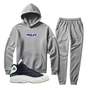 Men's Grey Hoodie and Joggers Set To Match Jordan Retro 13 Midnight Navy Prolific Sweatsuit