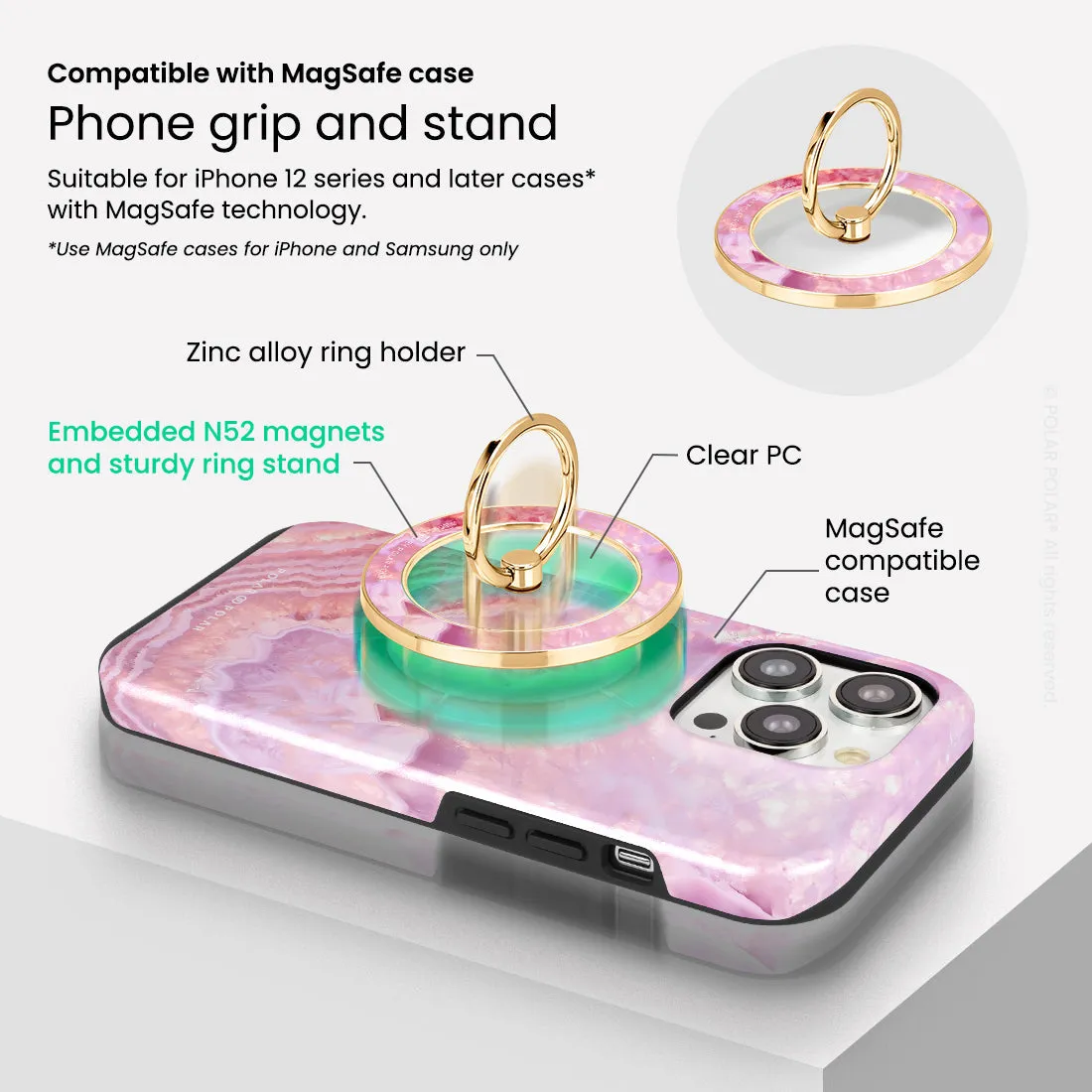 Misty Rose Coral - Golden MagSafe Phone Grip and Ring Holder Stand