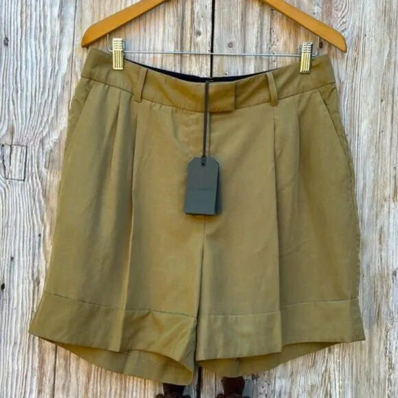 [New] All Saints (10) Deri Lyn Linen Blend Khaki High Waist Bermuda Shorts