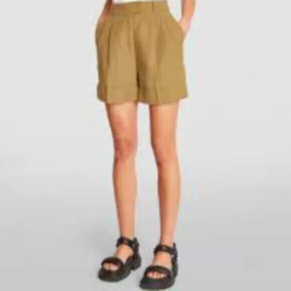 [New] All Saints (10) Deri Lyn Linen Blend Khaki High Waist Bermuda Shorts
