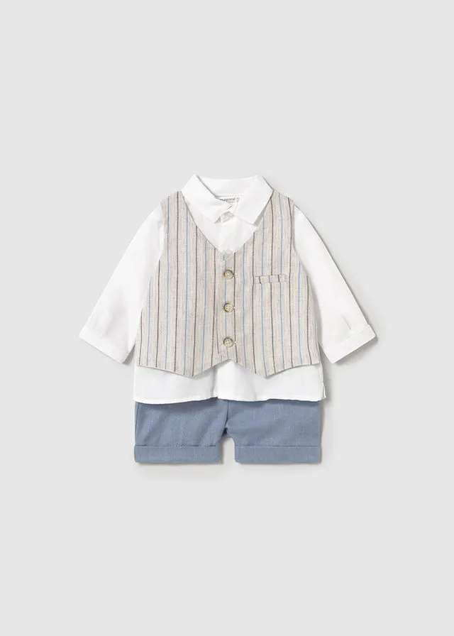 Newborn Navy & Linen Shorts and Shirt with Vest Set