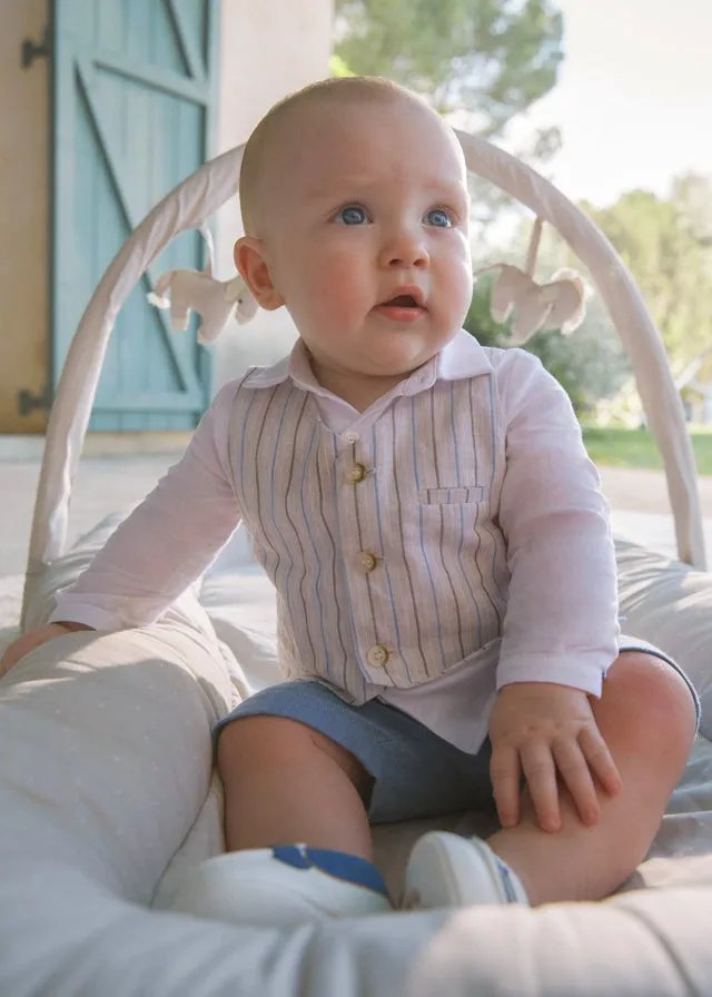 Newborn Navy & Linen Shorts and Shirt with Vest Set