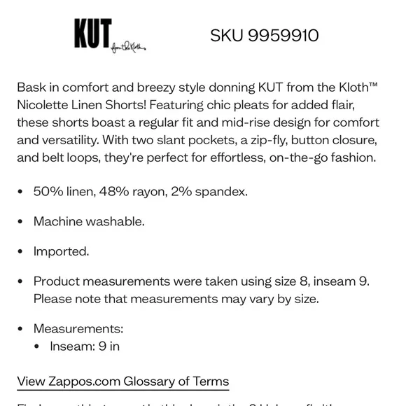 NWOT- KUT from the Kloth Nicolette - Linen Shorts With Pleats