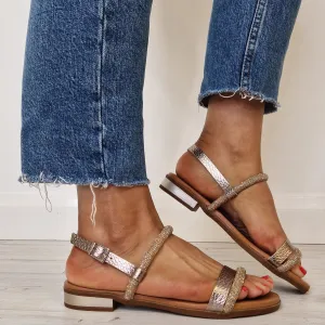 Oh My Sandals Leather Sparkly Flat Sandals - Bronze
