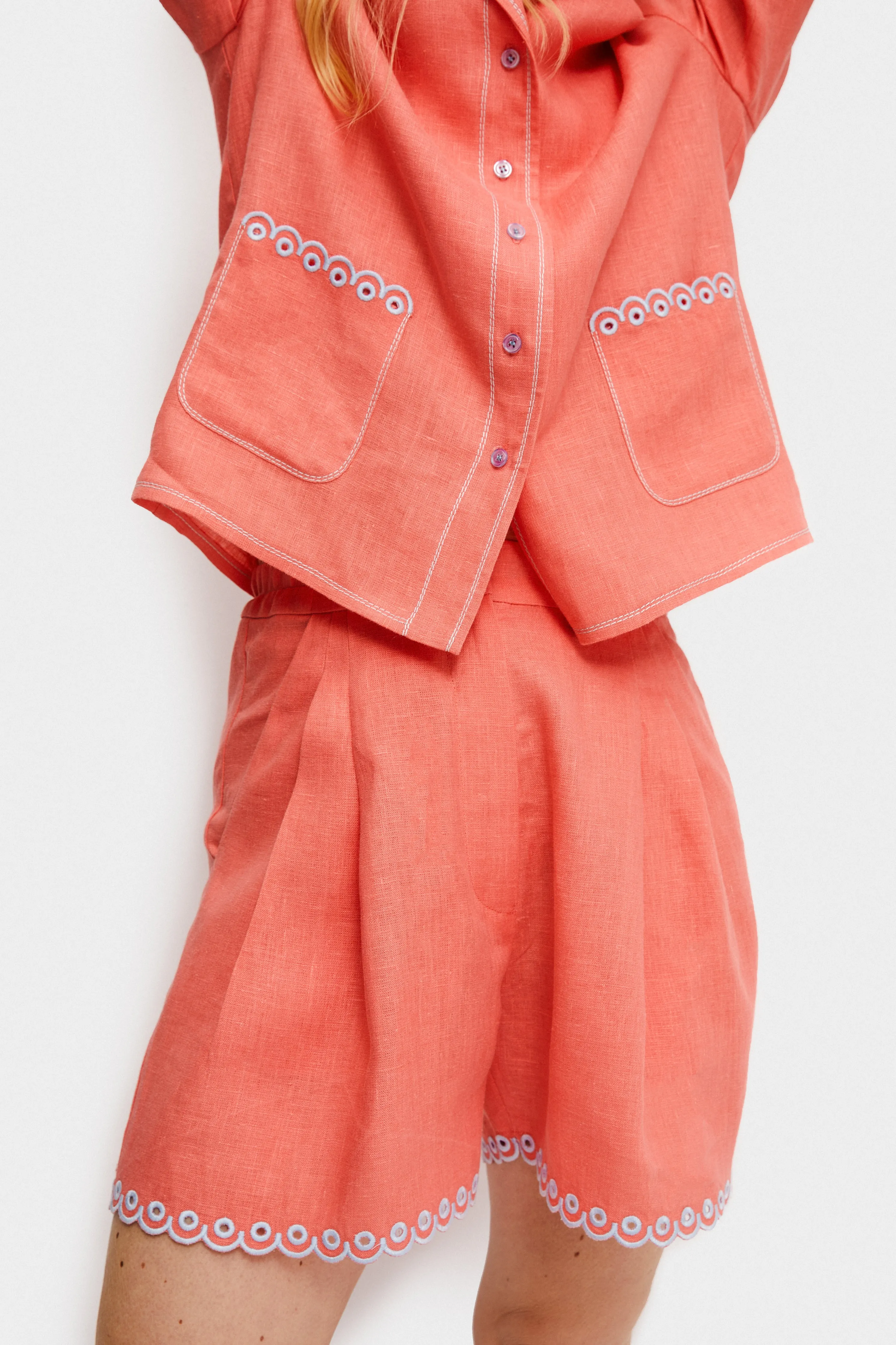 Petra Embroidered Linen Shirt - Strawberry